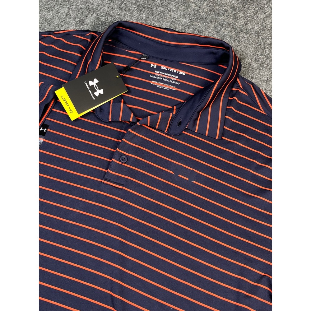 Under Armour Mens 2XL Playoff Polo Tour Stripe Golf Shirt‎ Orange Blue